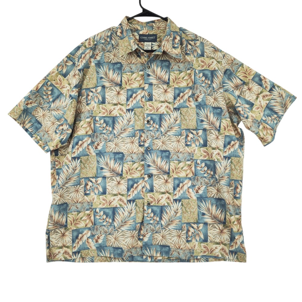 Vtg Cooke Street Hawaiian Shirt‎ sz XL Men Guayabera Floral Cotton Green Blue